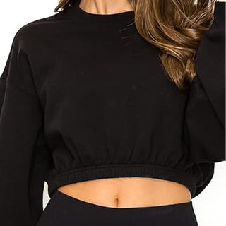 LUVAGE Women's Fashion Cropped Elastic Hem Crew Neck Pullover Sweatshirt