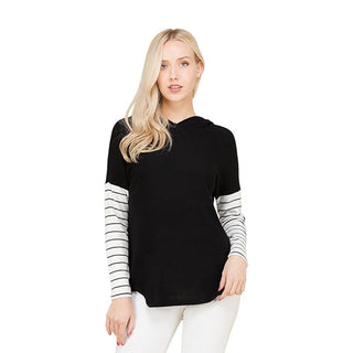 LUVAGE Women's Hoodie With Striped Contrast Long Sleeves Shirt Top