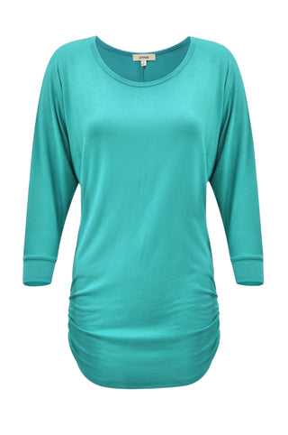 3/4 Sleeve Round Neck Side Shirring Dolman Drape Top XS to 6XL Size