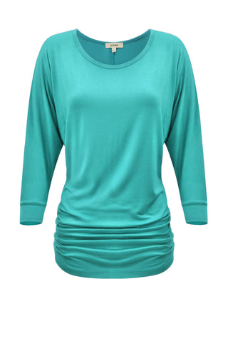 3/4 Sleeve Round Neck Side Shirring Dolman Drape Top XS to 6XL Size
